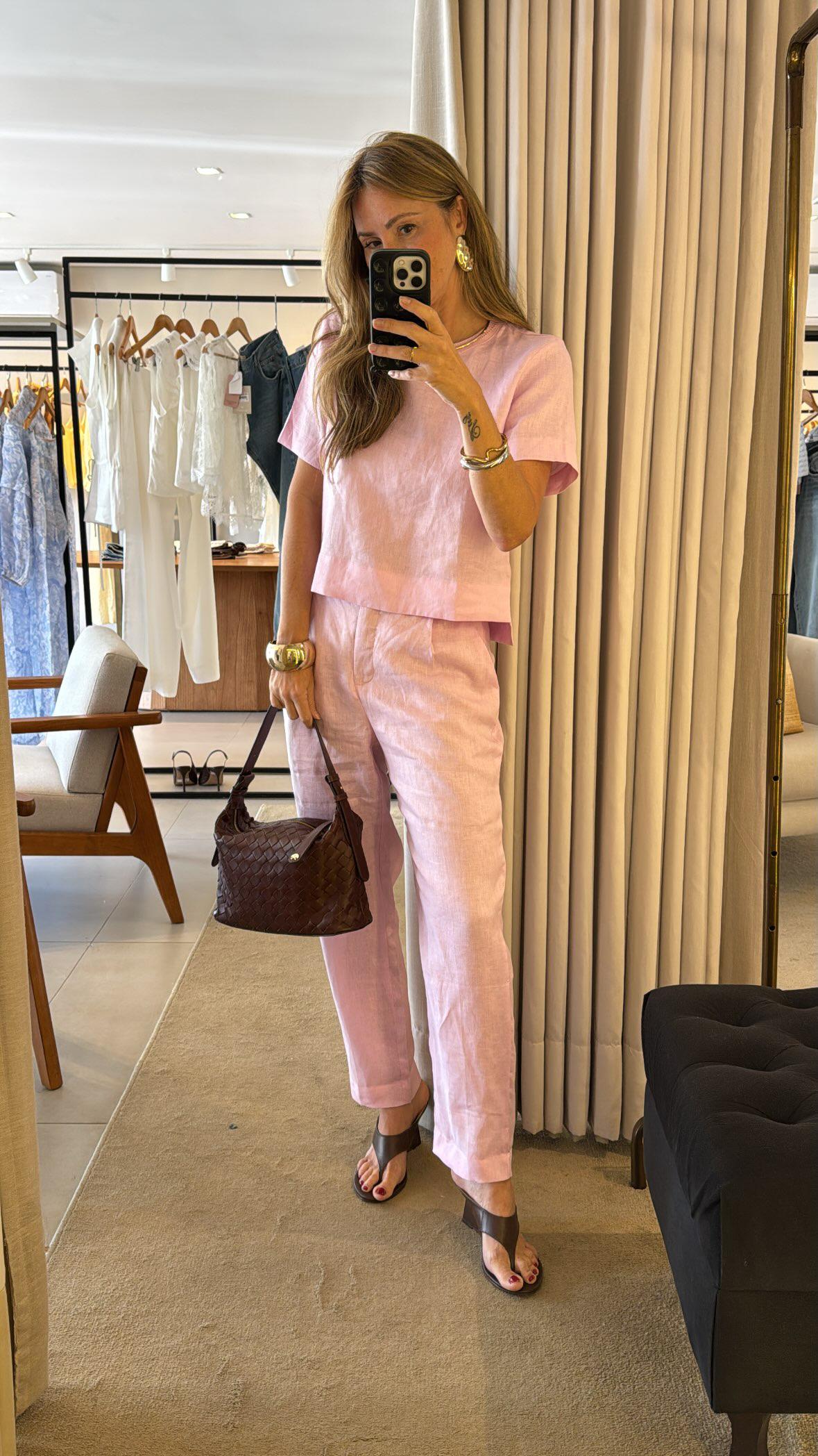 Calça linho natural cós transpassado