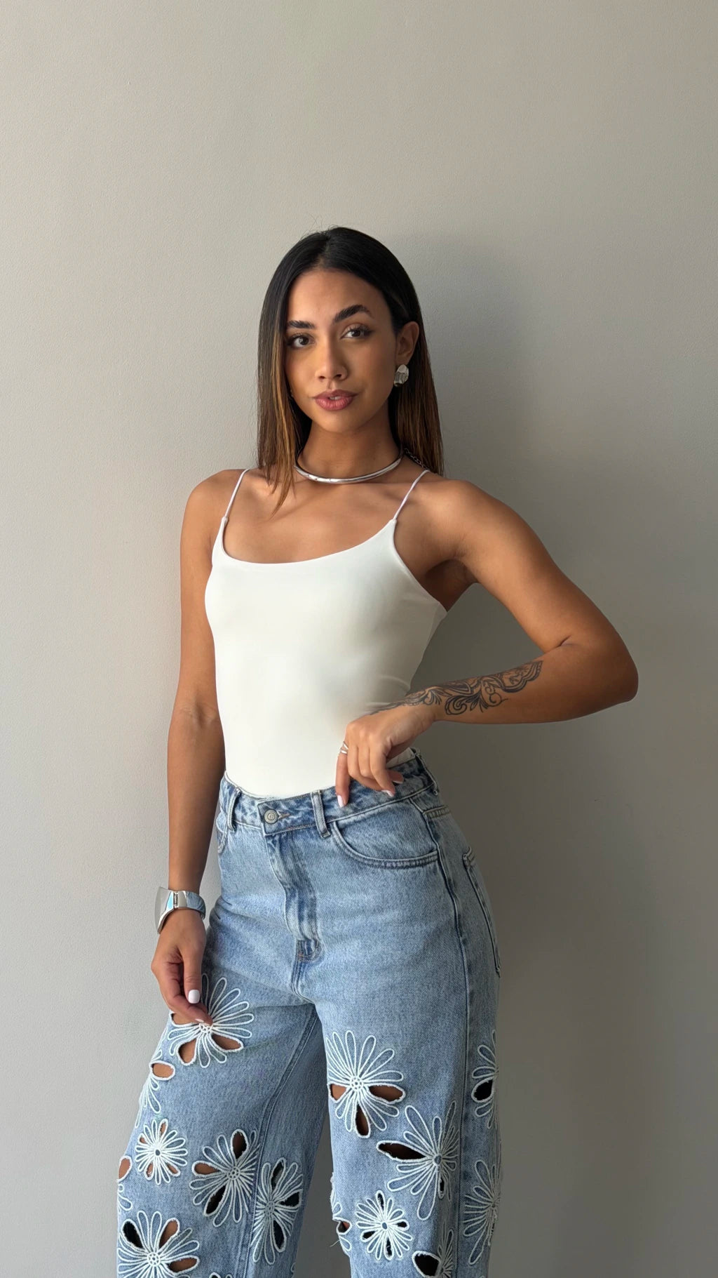 Calça Jeans Wide Leg com Bordado Florence