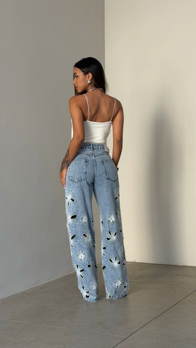 Calça Jeans Wide Leg com Bordado Florence