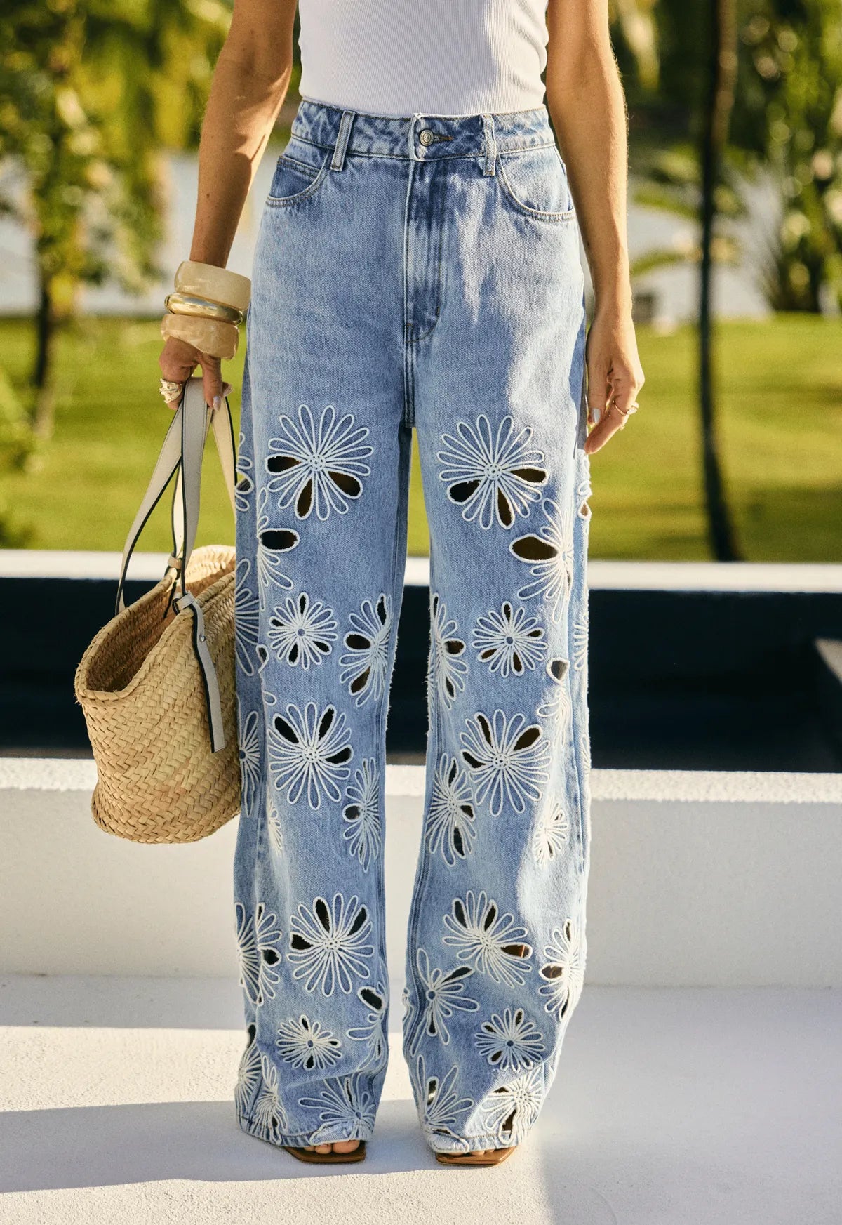 Calça Jeans Wide Leg com Bordado Florence