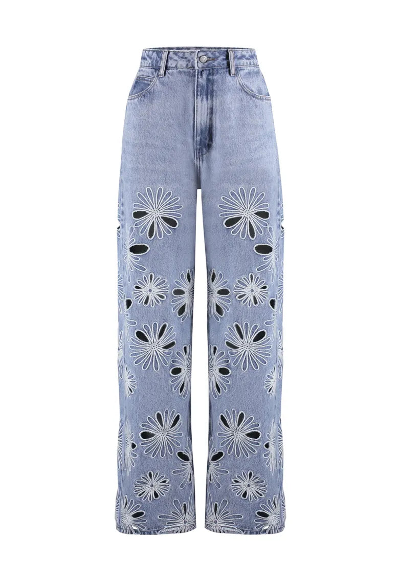 Calça Jeans Wide Leg com Bordado Florence