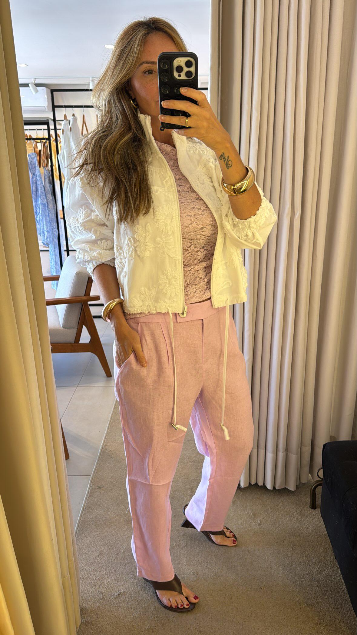 Calça linho natural cós transpassado