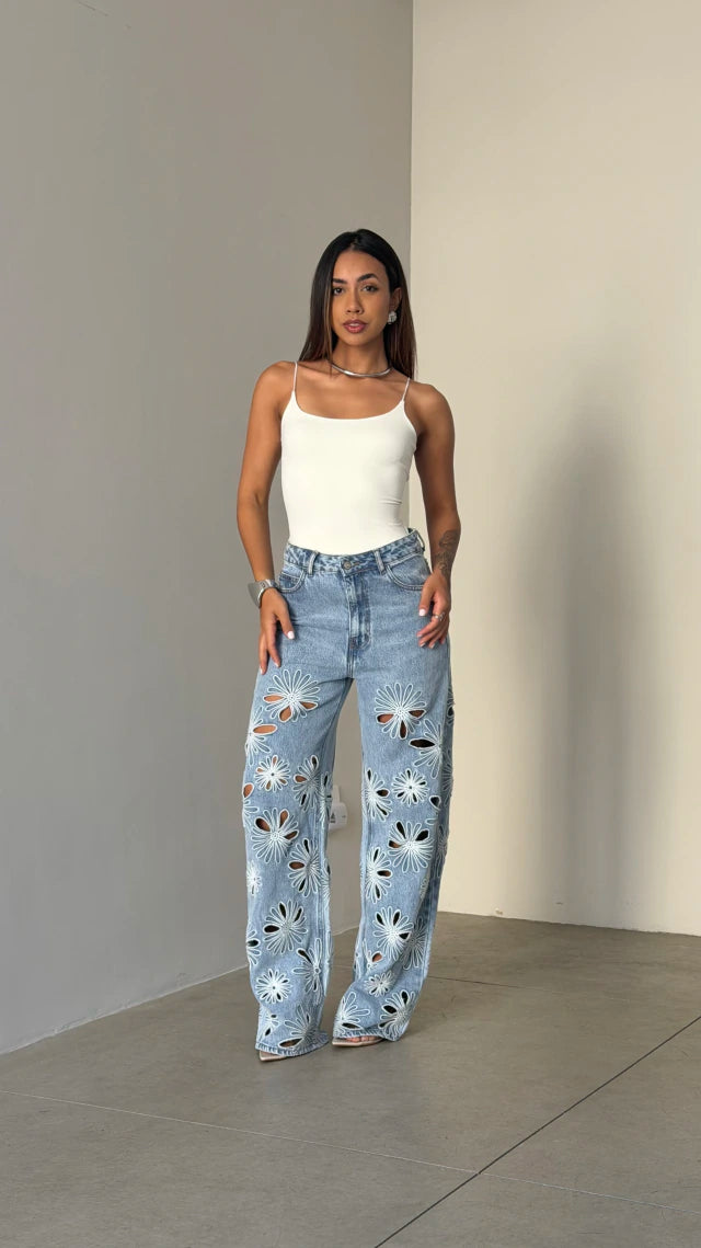 Calça Jeans Wide Leg com Bordado Florence
